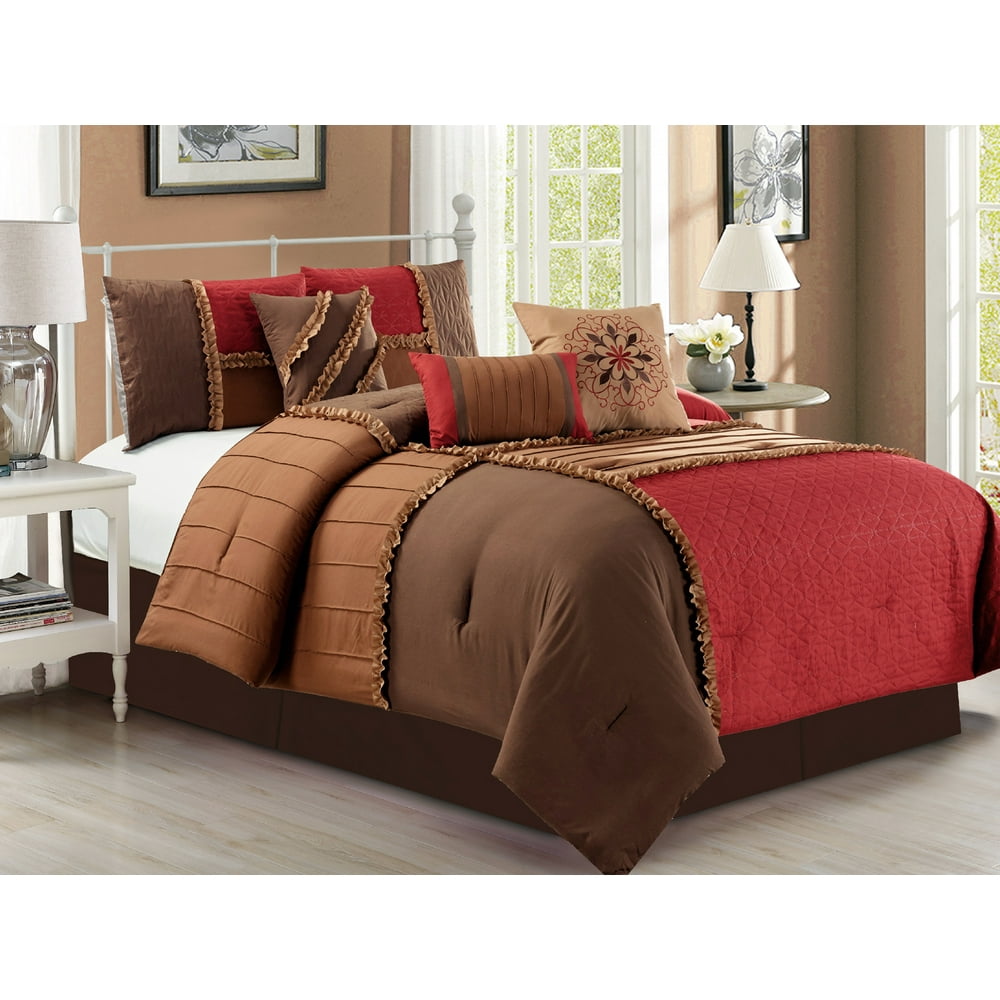 7Pc Patchwork Triangle Stripe Pleated Embossed Comforter Set Burgundy