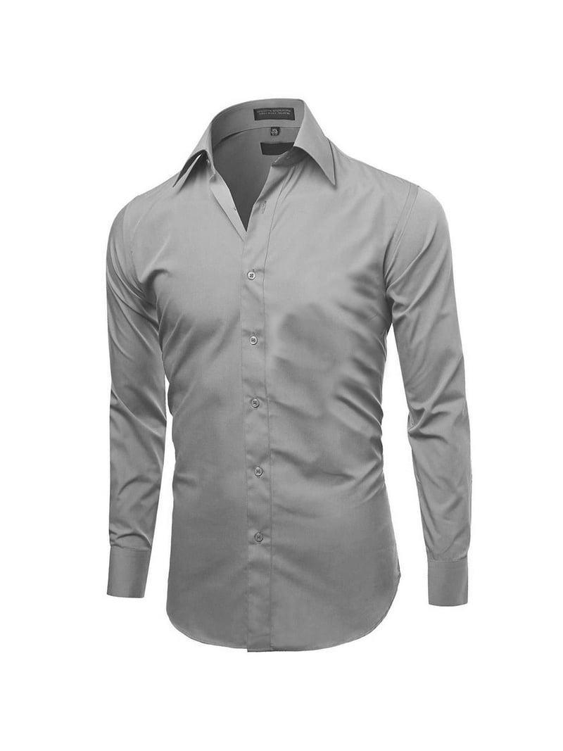 Men's Slim Fit Button Up Long Sleeve Solid Dress Shirt - Light