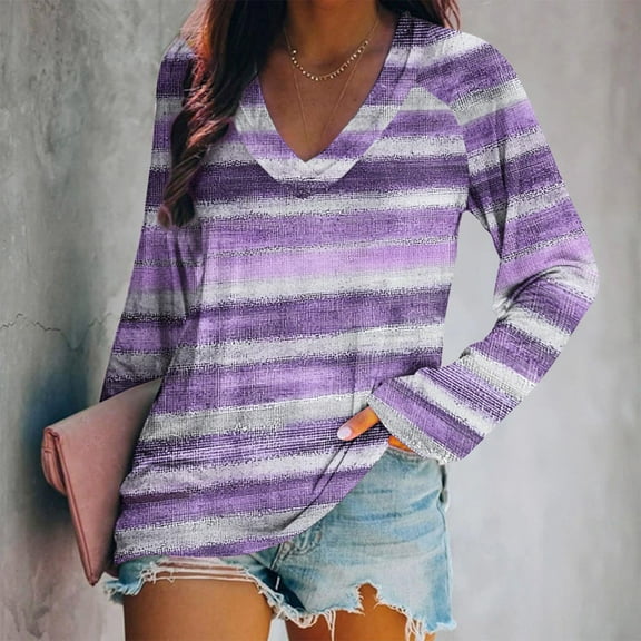 Fznquz Purple Tops for Women Trendy V Neck Casual Loose Fit T Shirt Long Sleeve Striped Woman Shirts