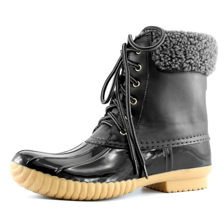 - DailyShoes Women's Warm Snow Booties Lace Up Ankle High Cashmere Collar Duck Padded Mud Rubber Rain boots, Black PU, 5 B(M) US