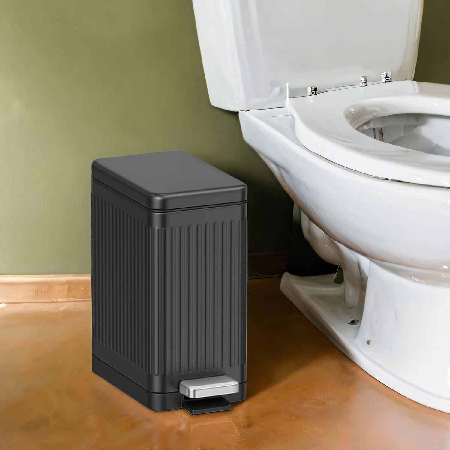 LEDREM Slim Bathroom Trash Can with Lid , 2.6 Gallon Soft-Close Step Trash Bin , Fluted Design for Small Spaces - Stainless Steel ,Black