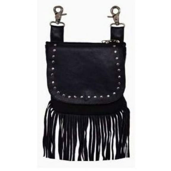 Female Studded Black Leather Fringe Hip Bag, Casual Weekend Fanny Purse