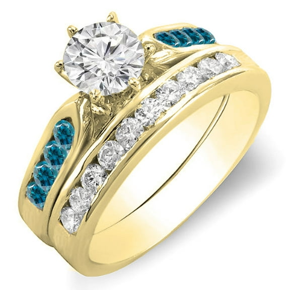 Dazzlingrock Collection 1.00 Carat (ctw) 14k Round Blue & White Diamond Bridal Engagement Ring Set 1 CT, Yellow Gold, Size 7.5