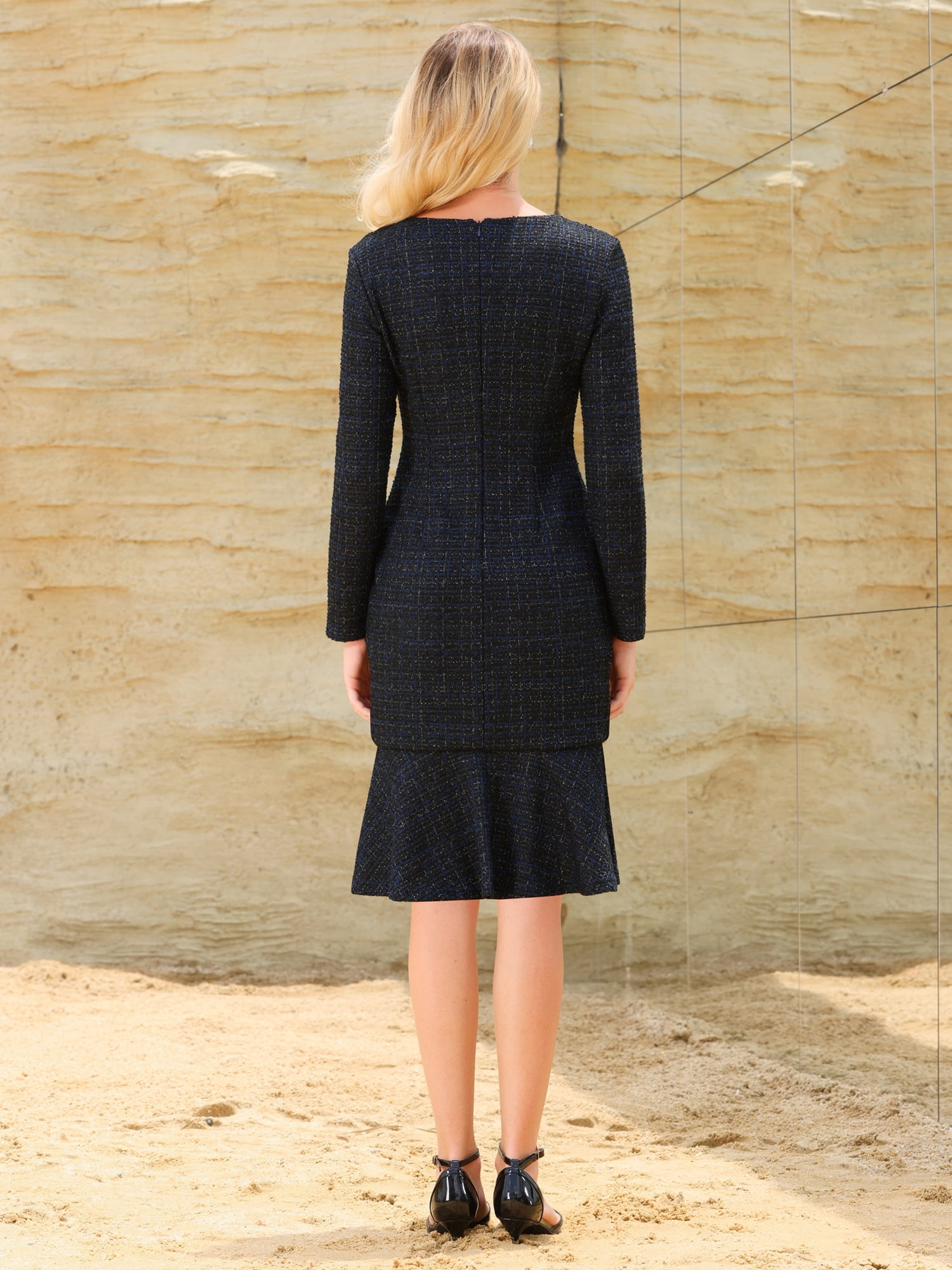 DARING DIVA Women's Tweed Long Sleeve Wedding Cocktail Bodycon Dress L Blue Black