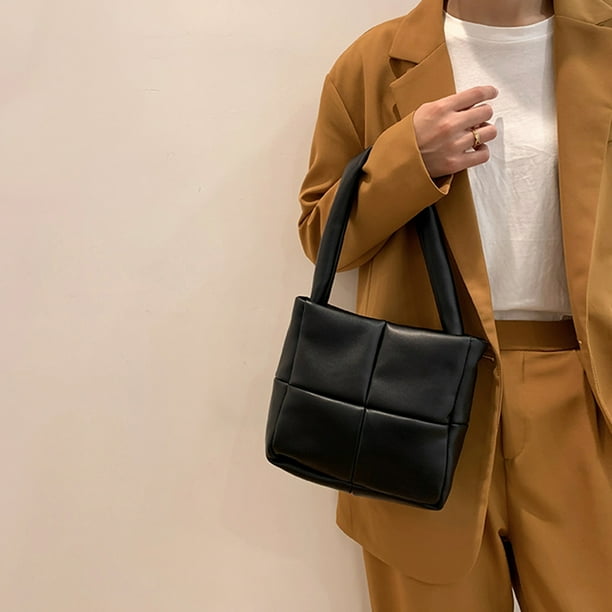 Bolso Con Asa Superior Bolso a cuadros acolchado de algodón PU para mujer Bolso con asa superior de color sólido (negro)