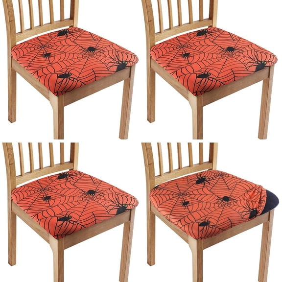 4PCS Halloween Dining Room Chair Seat Covers Spider Web Stretch Chair Slipcovers Dark Orange Polyester Removable Washable Upholstered Chair Protector Cushion Cover for Kitchen Home Office