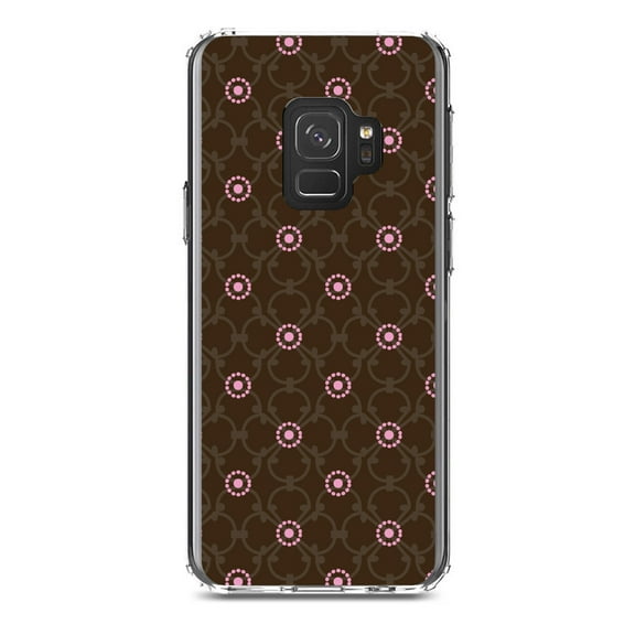 DistinctInk Clear Shockproof Hybrid Case for Samsung Galaxy S9 (5.8" Screen) - TPU Bumper, Acrylic Back, Tempered Glass Screen Protector - Brown & Pink Floral Pattern