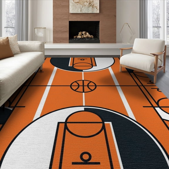ODIKA 6'x9' Washable Area Rug Border Blanket Football Bold Center Round Basketball Interlocking Playful for Family Room, Living Room, Master Bedroom, Non-Slip, Easy Care