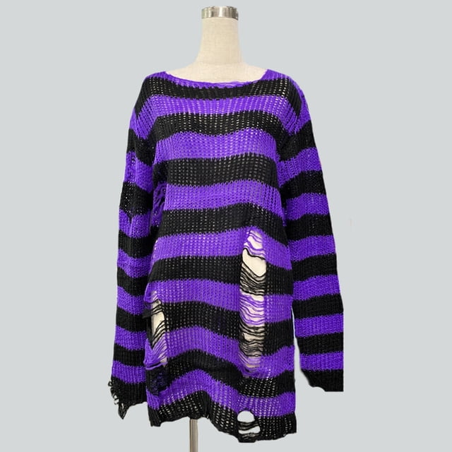 Loose Oversized Striped Knitwear for Women Mid Length Pullover with Subtle Openwork Lightweight Cozy Sweater