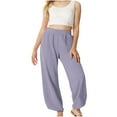 thumbnail image 2 of MKOSPLRT Linen Wide Leg Pants for Girl Elastic Waist Baggy Harem Pants Solid Color Lounge Copped Pants Lightweight Vacation Pants with Pocket, 2 of 9