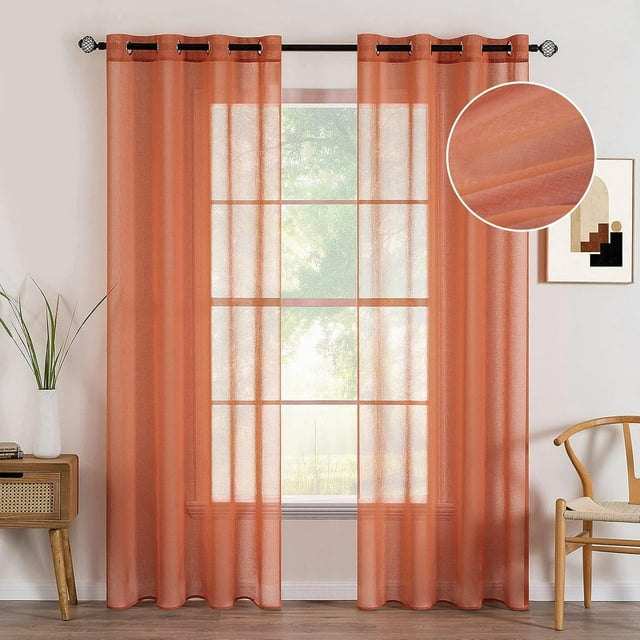 2 Panneaux Rideaux de Fenêtre Semi-Transparents Terracotta Boho à Œillets Voilage Texturé en Lin pour Chambre Salon Rouille Rétro Automne Déco Moderne (54X84 Pouces)