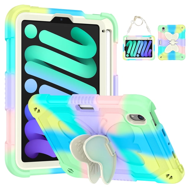 Case for iPad Mini 7 A17 Pro 2024/Mini 6 2021 8.3 Inch 7th/6th Gen with Butterfly Stand, Protective Tablet Cover with Pencil Holder Shoulder Strap for Kids Girls, Colourful Green