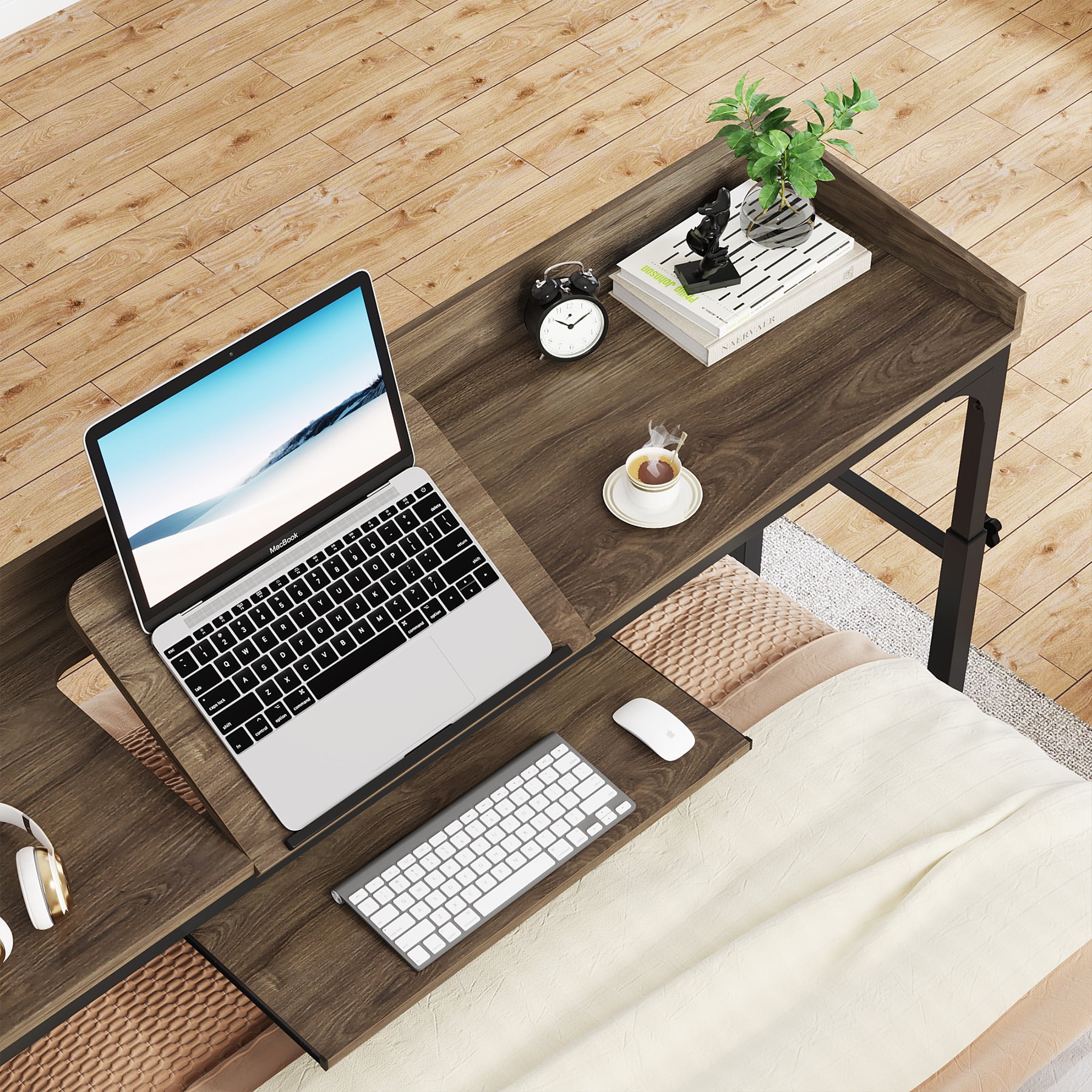 Fnova Overbed Table with Wheels, Height Adjustable Rolling Desk with Power Outlets & USB Ports, Tiltable Stand, for Queen Bed, Laptop Computer, Portable Hospital Home Use