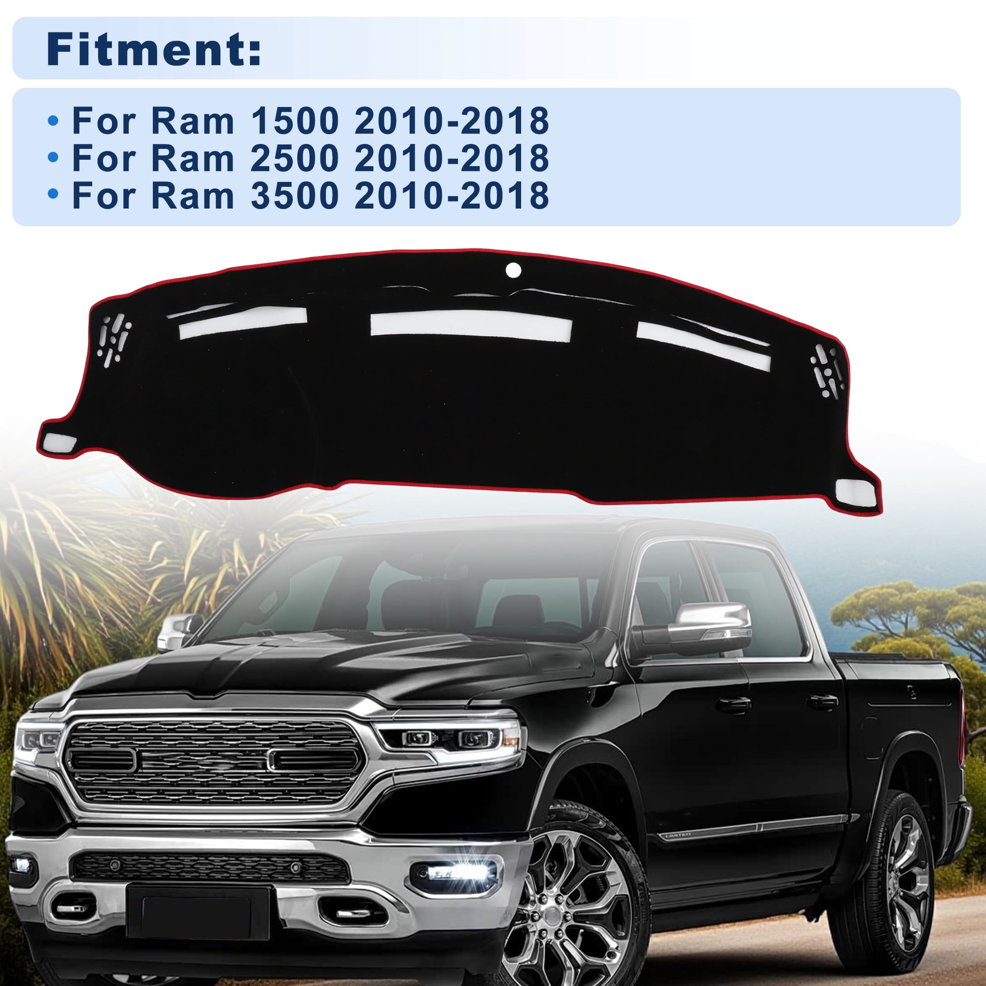 Unique Bargains Dash Cover for Ram 1500 2010-2018 for Ram 2500 2010-2018 Without HUD Dashboard Cover Car Interior Anti-Slip Polyester Black With Red Edge 1 set