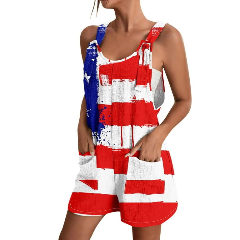 4th Of July Shirts Women Sleeveless Summer Romper for Women Fourth Of July Celebration Style Comfy Loose Fit Spaghetti Straps Pockets Perfect for