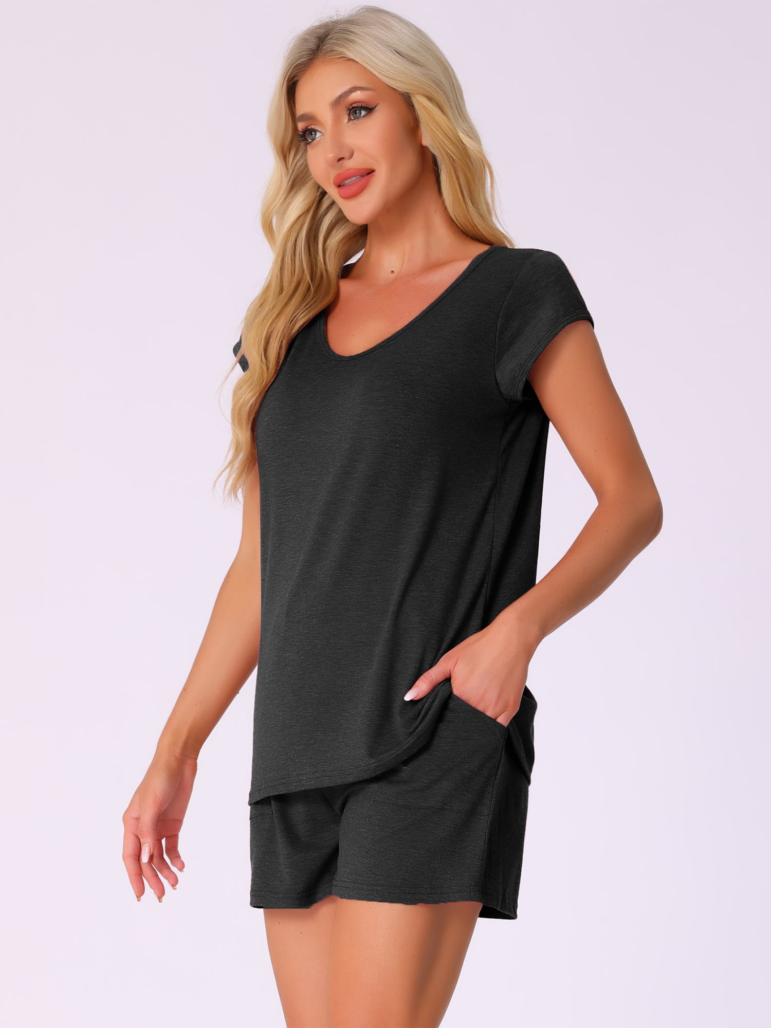 DARING DIVA 2 Pieces Lounge Knit Tee and Shorts Pajama Set L Black