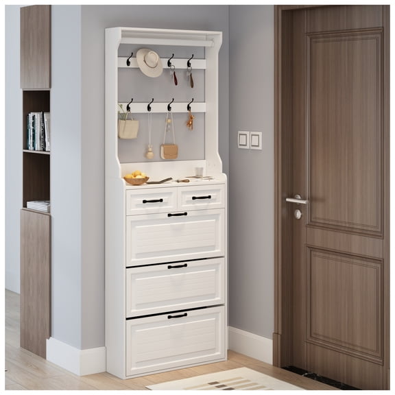 White Shoe Cabinet with 3 Doors & 2 Drawers, Large Storage Space with Hanger, Freestanding Entryway Organizer