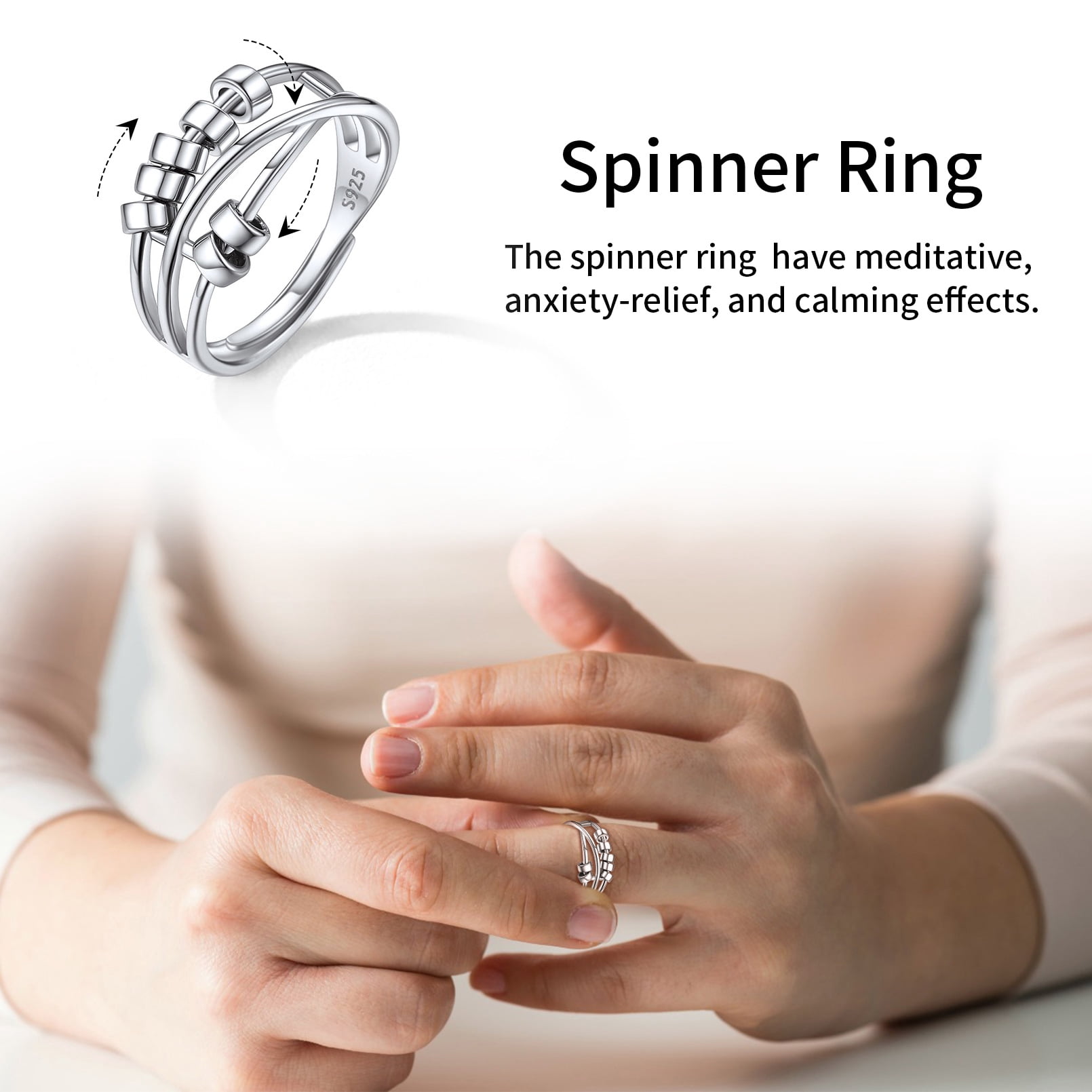 ChicSilver Ring for Women Adjustable Sterling Silver Fidget Anxiety Ring with Rotatable Polished Beads for Stress Relief