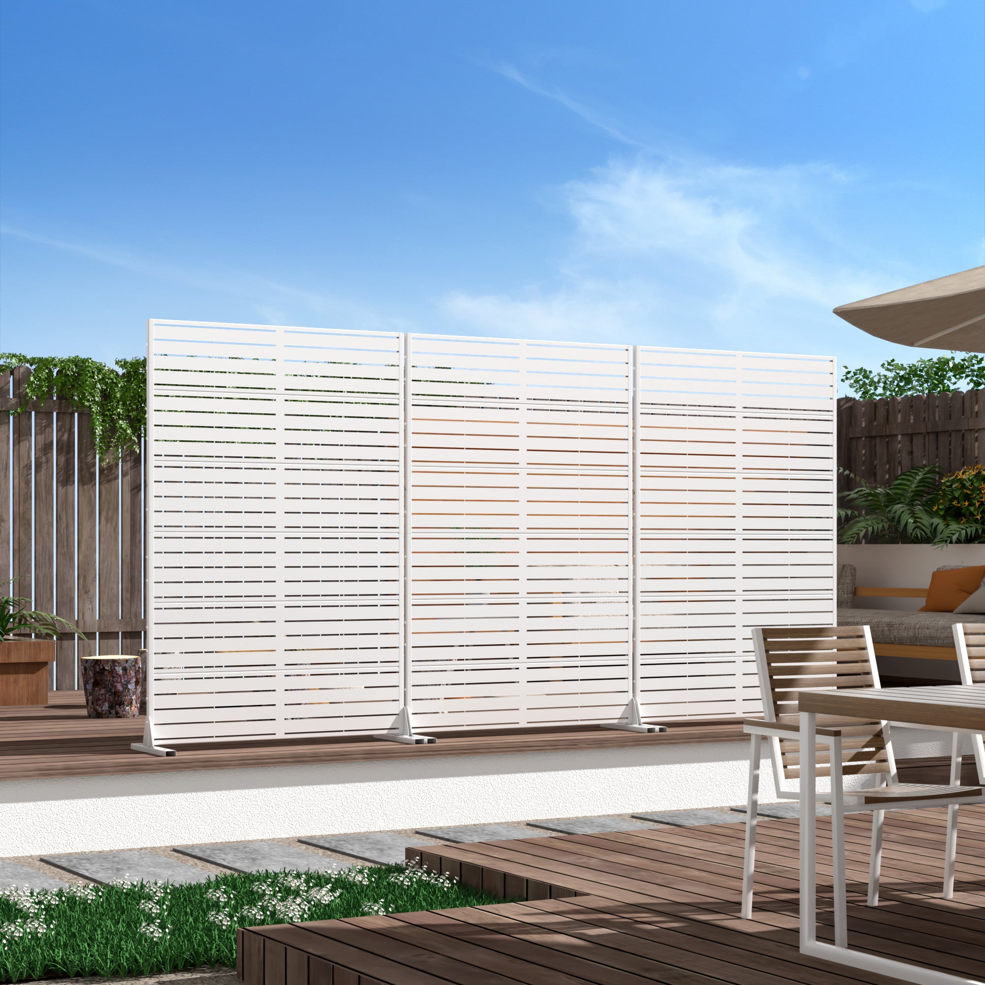 MAYEERTY Outdoor Privacy Screen – Weatherproof Galvanized Steel Panel,Stripe,White
