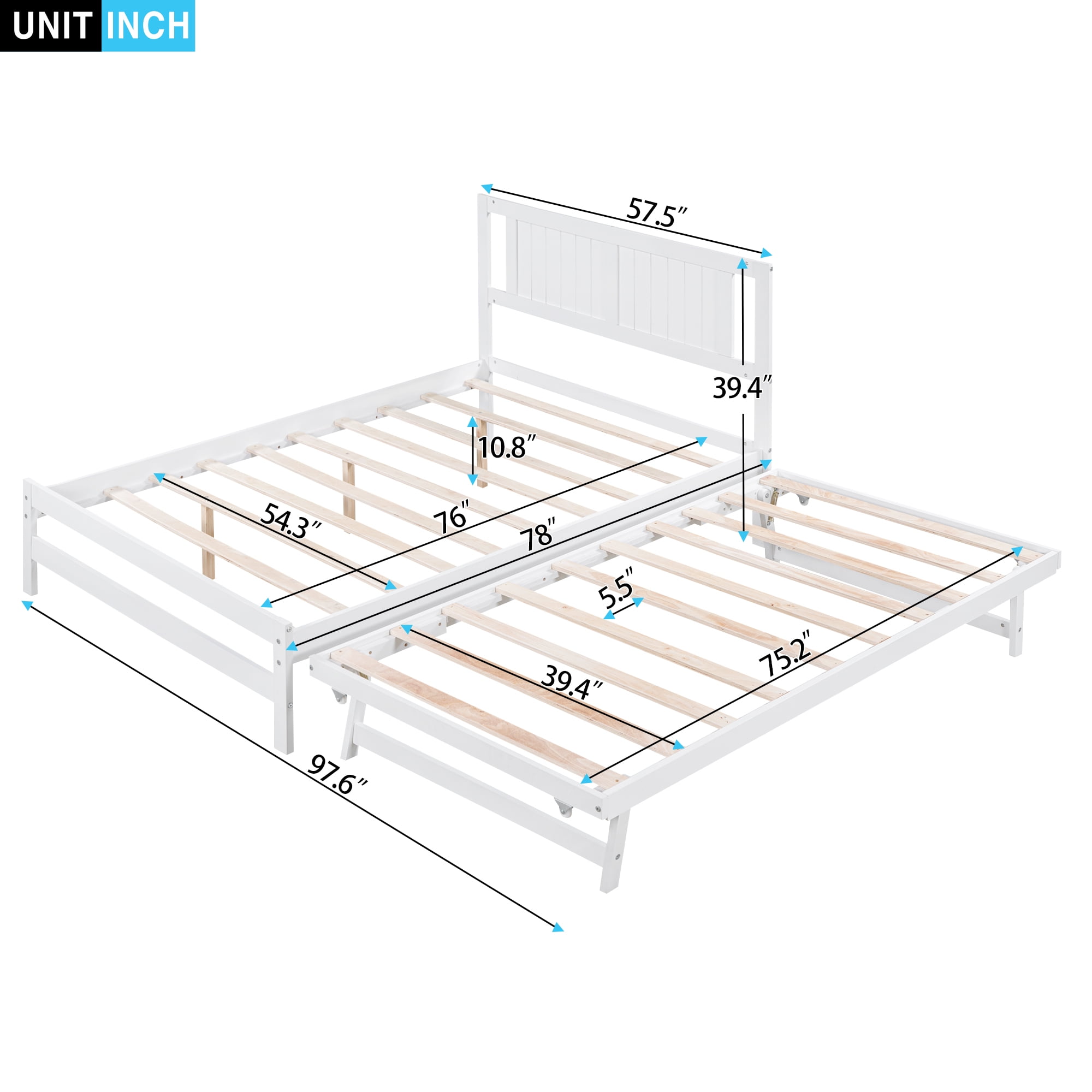 Aukfa Full Size Platform Bed with Trundle - Solid Wood Bed Frame for Kids Guests Bedroom - White