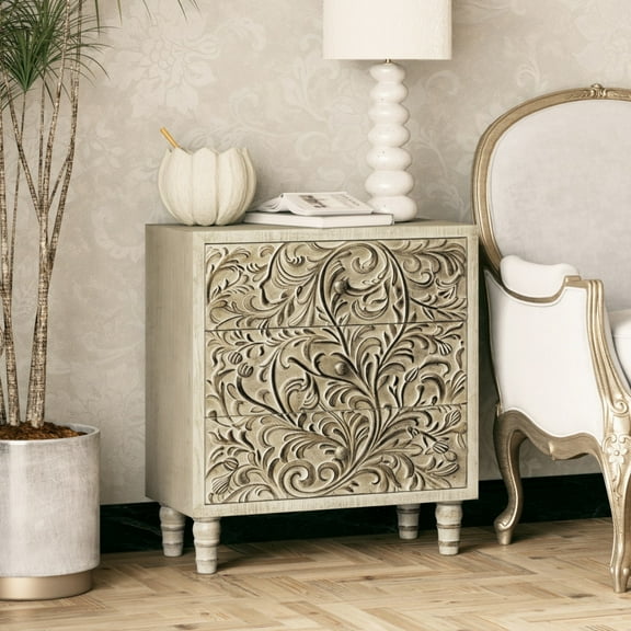 COZAYH 3 Drawer Farmhouse Dresser with Embossed Weathered Flower Motif, Vintage Nightstand for Living Room Bedroom, Almost Fully-Assembled, Boho, Weathered White