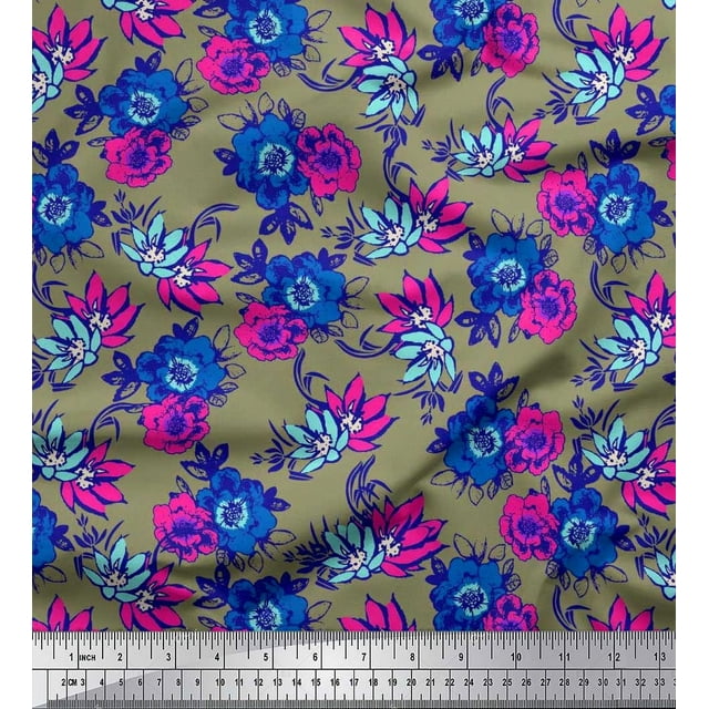 Soimoi Rayon Fabric Leaves,Cosmos & Anemone Floral Printed Fabric 1 Yard 56 Inch Wide