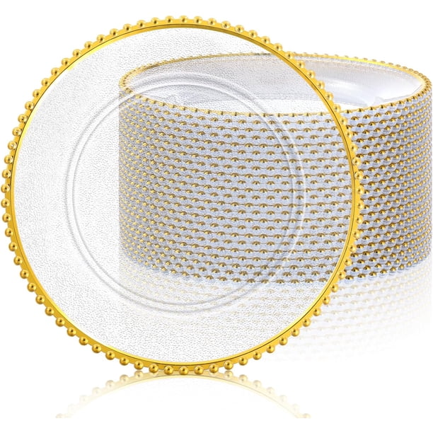 Paquete de 12 platos de carga transparentes a granel de plástico redondo de 13 pulgadas con abalorio redondas de acrílico de grano esmerilado, platos de servicio decorativos para bodas
