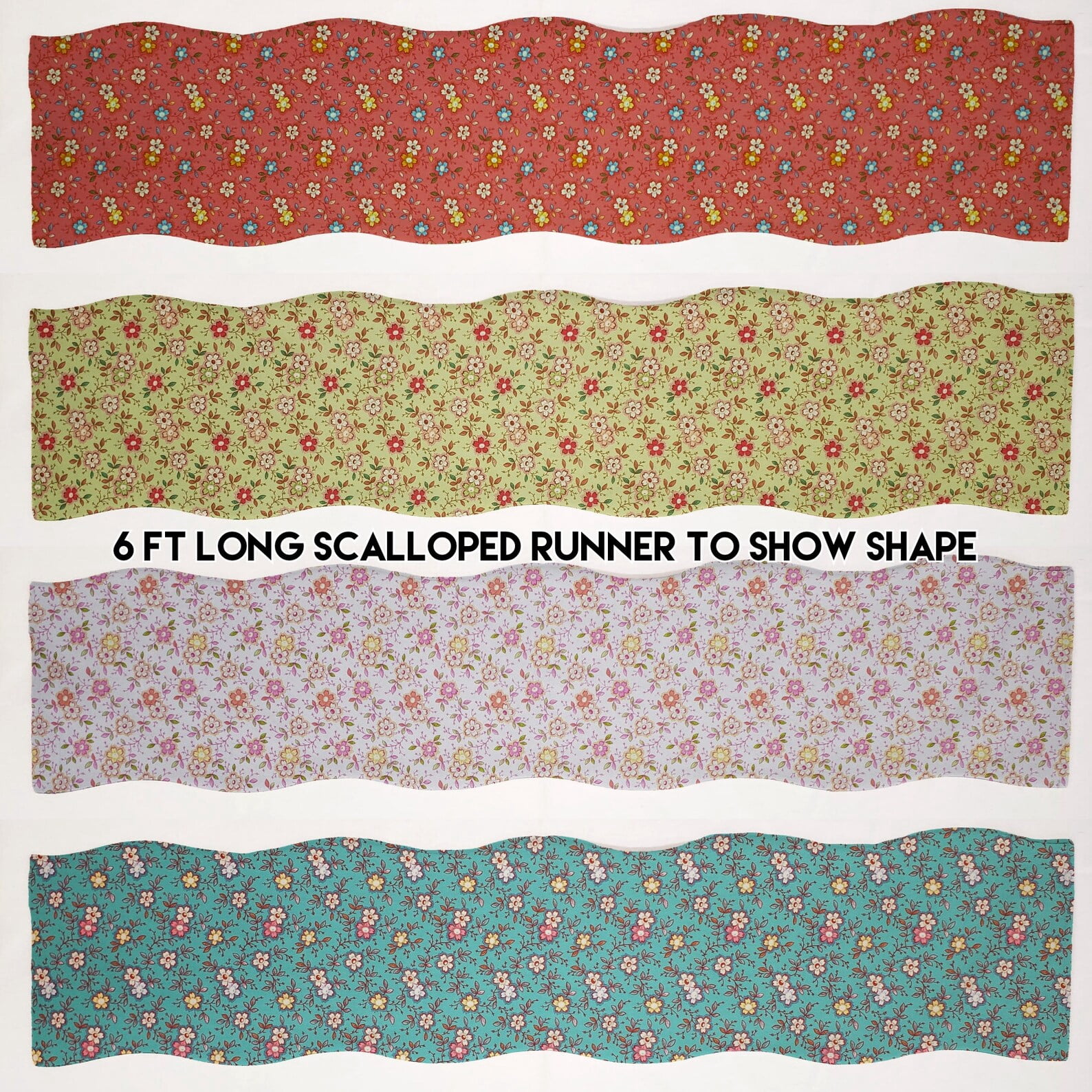 Spring Flowers Table Runner by Penny's Needful Things (7 Feet Long - SCALLOPED) (Red)