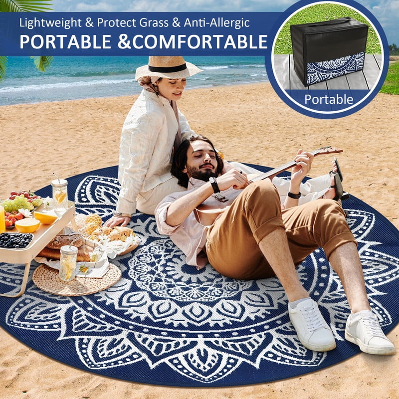 Aonewoe Round Outdoor Rugs 8Ft Waterproof Patio Plastic Straw Rug Reversible Camping Carpet Indoor Outdoor Area Rug for Patio,Deck,Balcony,Picnic,Beach,Outside