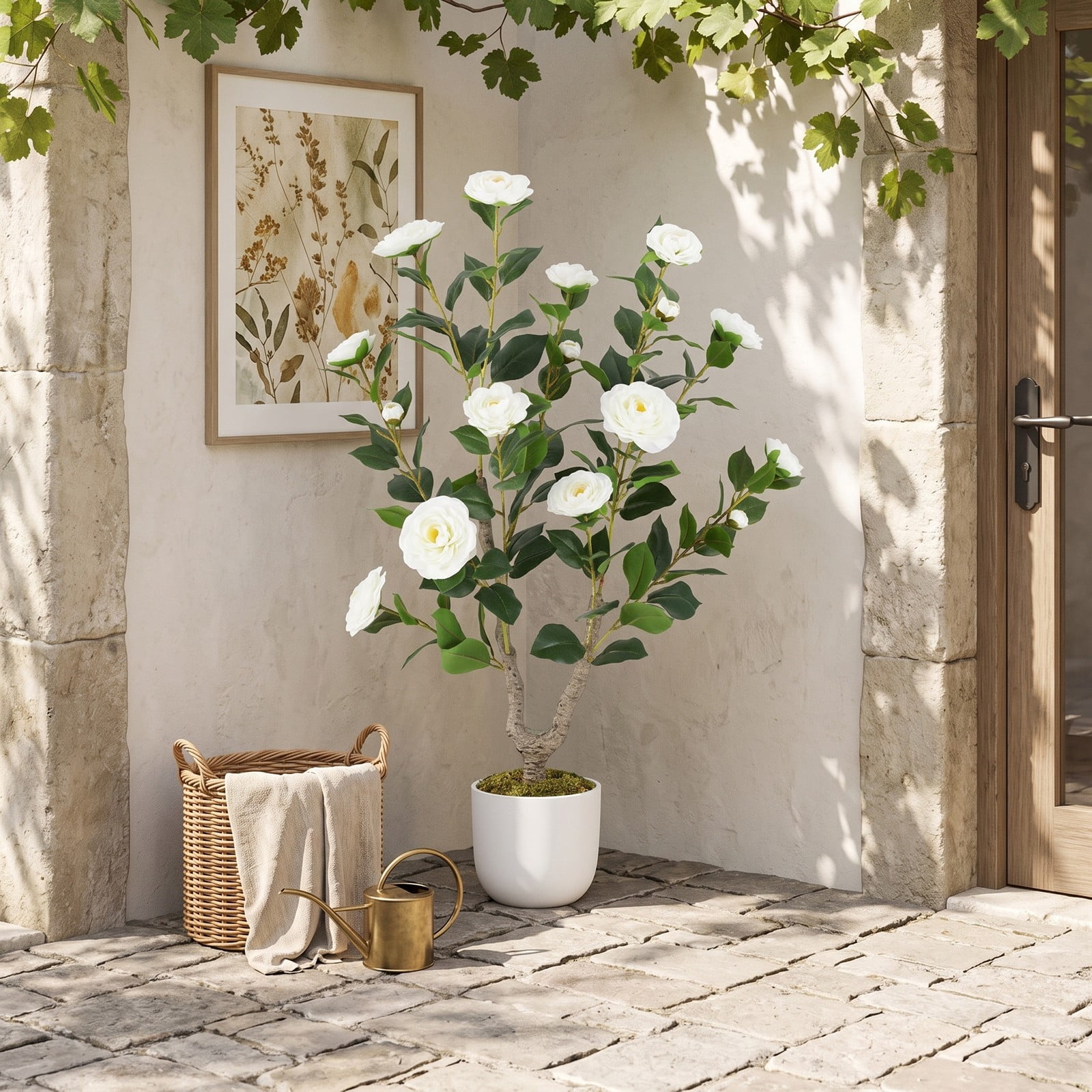 ALPULON 36 Inch Artificial Camellia Tree with Blooming Flowers, Faux Potted Silk Plant with Cement-Filled Pot for Home Office Wedding Front Door Porch Balcony, White