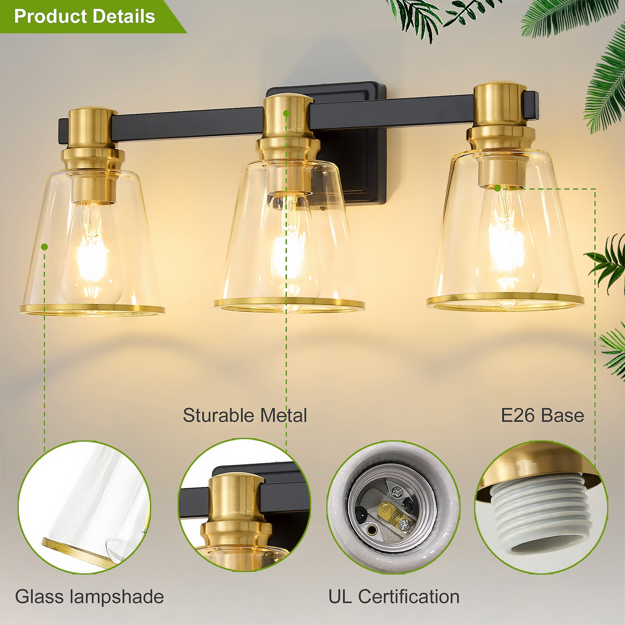 Vanity Lights Black Gold Bathroom Light Fixtures Over Mirror, 3 Light Vanity Lighting Fixtures, Mid Century Modern Wall Sconce with Clear Glass Shades for Farmhouse Bedroom