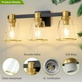 thumbnail image 7 of Vanity Lights Black Gold Bathroom Light Fixtures Over Mirror, 3 Light Vanity Lighting Fixtures, Mid Century Modern Wall Sconce with Clear Glass Shades for Farmhouse Bedroom, 7 of 7