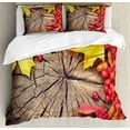 thumbnail image 1 of Colorful Duvet Cover Set King Size, Close Up Image of Autumn Season Leaves and Berries on Wood Art Illustration, Decorative 3 Piece Bedding Set with 2 Pillow Shams, Multicolor, by Ambesonne, 1 of 3