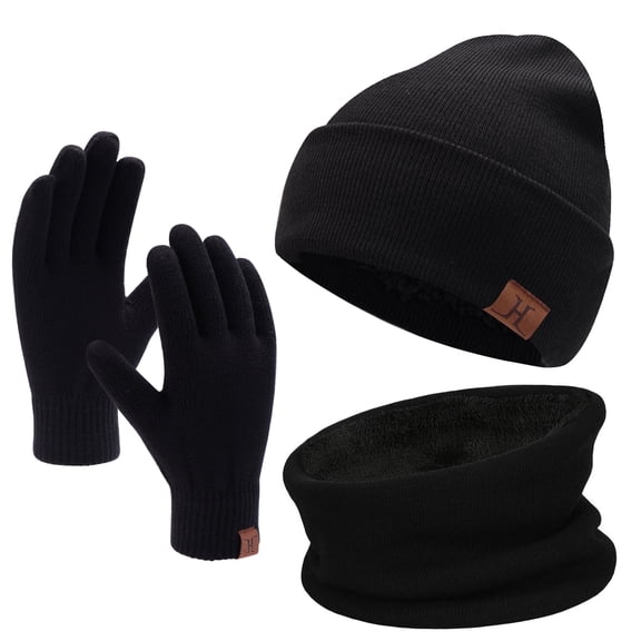 FZ FANTASTIC ZONE Winter Beanie Hat Scarf Touchscreen Gloves Set for Men and Women, Beanie Gloves Neck Warmer Set with Warm Knit Fleece Lined,Black