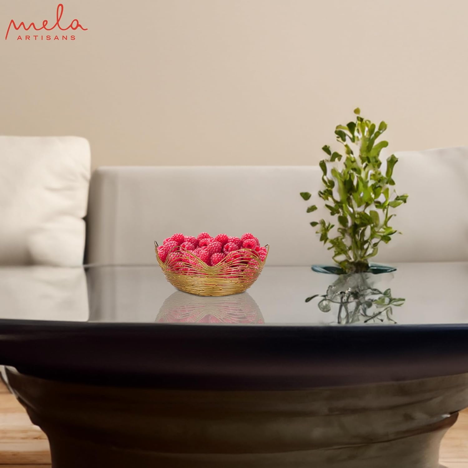 Mela Artisans Gold Wire Fruit Basket Kitchen Counter - Medium, Gurez Valley Design , Decorative Round Wire Basket , Modern Metal Vegetable & Fruit Bowl , Cute Farmhouse Table Decor , 9 x 4 x 4