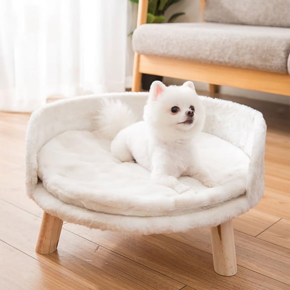 BOBOKY Cat Couch Bed, Elevated Pet Sofa with Wooden Frame and Plush Cushion, Washable Cover in White, Indoor Kitty Puppy Bed for Small Dogs, 61.5x32.8cm/ 24.2x13 inch