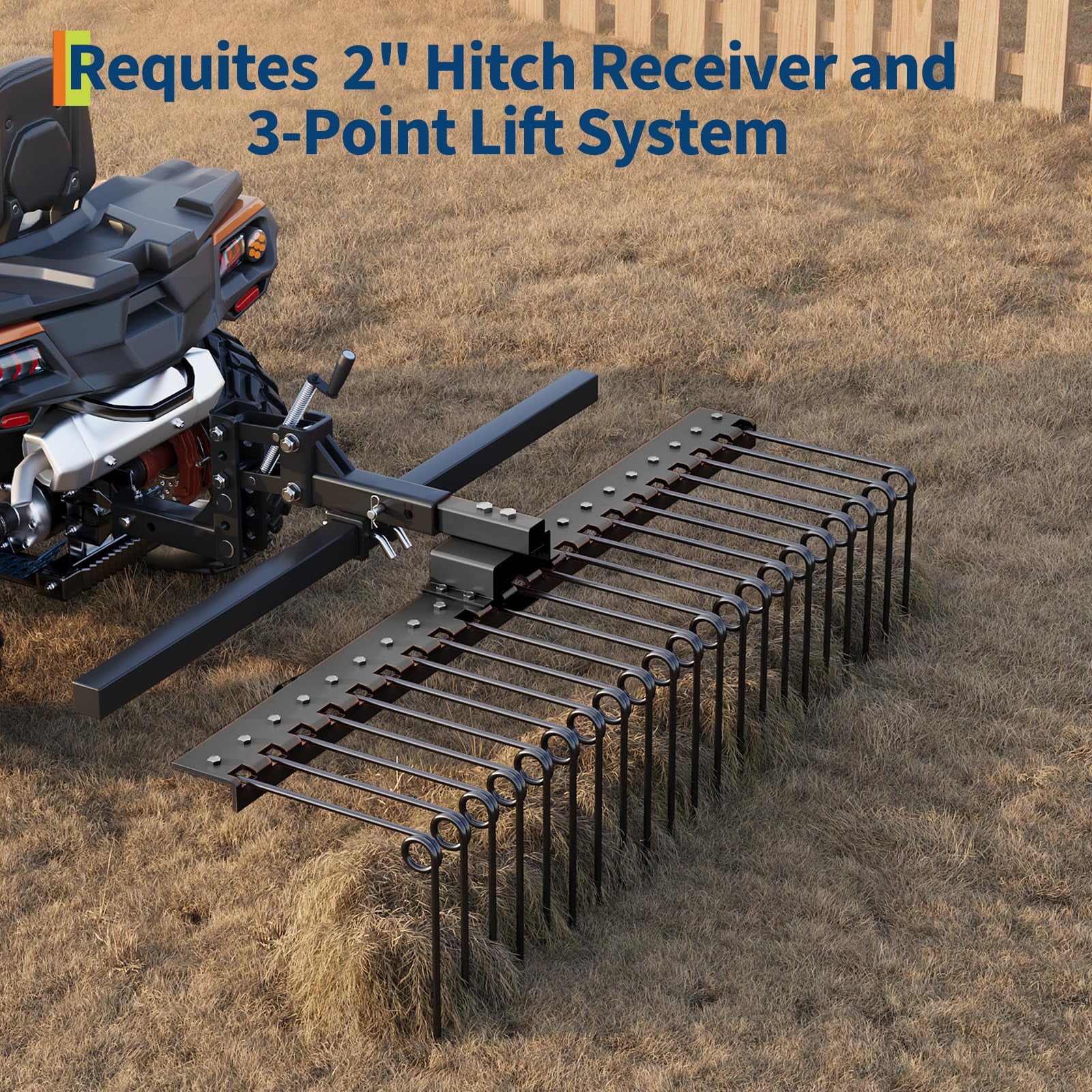 Heavy Duty Landscape Rake Attachment – 48 Inch Steel Pine Straw Rake with Durable Spring Tines, 2 Inch Receiver, Ideal for Hay, Pine Needles, and Lawn Care, Black | 48 inches