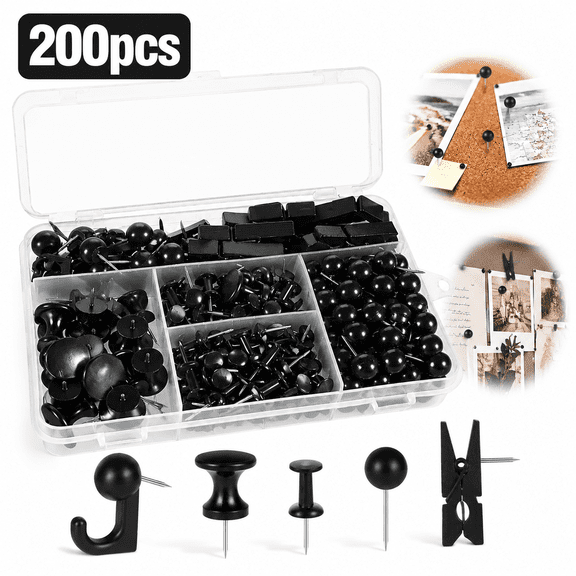 200 Pieces Black Push Pins Thumb Tacks, 5 Styles for Cork Board ...
