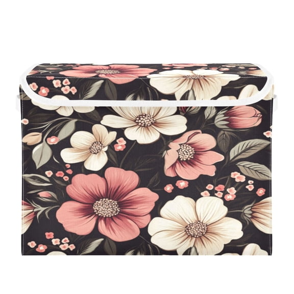 Storage Box With Lid 16.5x12.6x11.8In Foldable Stacked Household Storage Box White Flowers Seamless