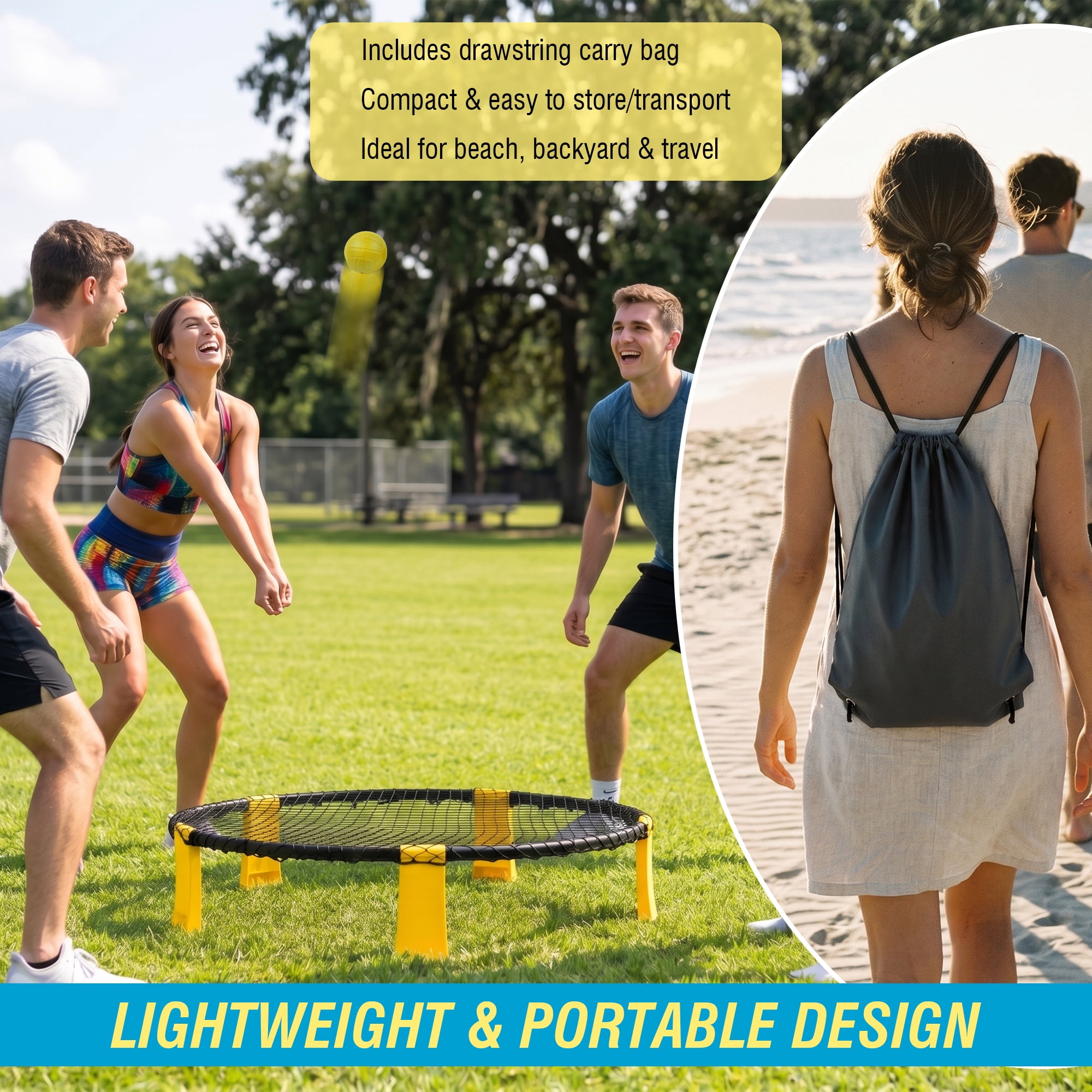 Leumius Roundnet Game Set with 2 Balls,Sturdy Playing Net & Carry Bag,Classic Family Entertainment Game for Beach,Backyard,Lawn,Park,Camping and Gathering,Yellow