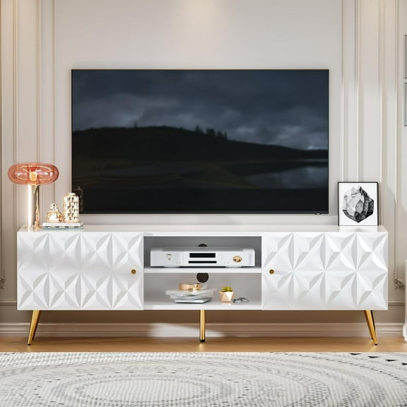 58” TV Stand for 55/60/65 Inch TV, Modern Entertainment Center with Adjustable Shelf, Media Console with Storage Cabinet, TV Console with Gold Legs and Handles for Living Room, Bedroom, White