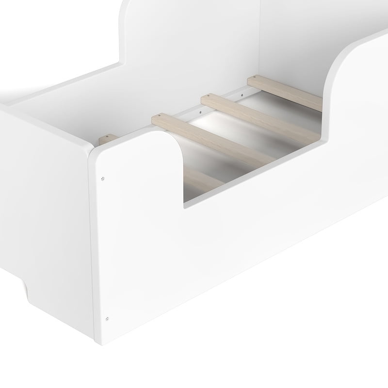 Bellemave Low Montessori 2-in-1 Beds, Wood Small Floor Bed Frame with Cute Ear Shaped Headboard for Aged 3-6 Years, No Box Spring Needed, White