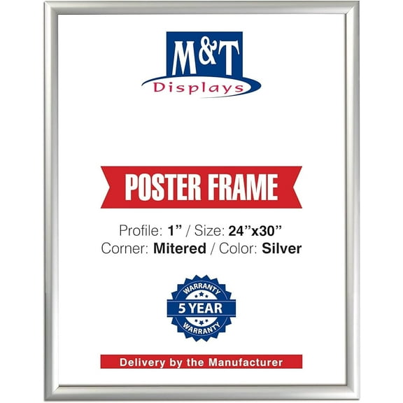 M&T Displays Snap Poster Frame 24x30 Inch Silver 1" Aluminum Profile Front Loading Wall Mounting Photo Picture Document Certificate Sign Holder Mitered Corner Anti Glare Cover