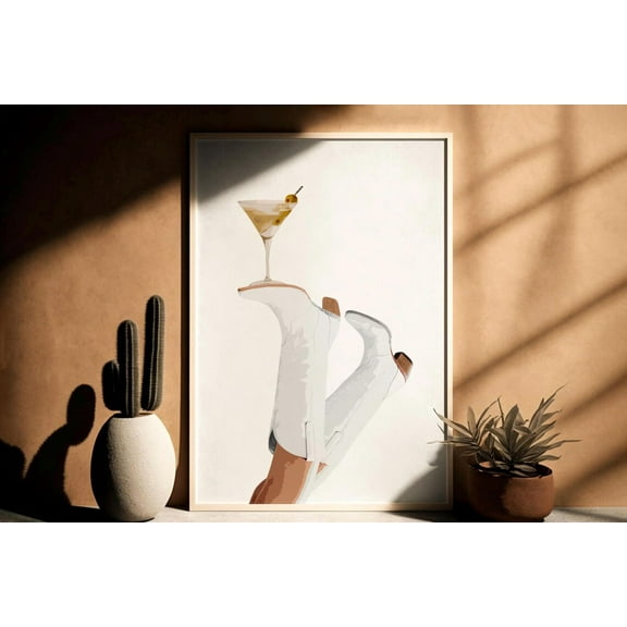 White Cowgirl Martini Print, Coquette Poster, Dry Martini Print, Rodeo Poster, Preppy Western Wall Art, Boots, Bottoms Up Wall Art, Modern Wall Decor, 8x12 UNFRAMED