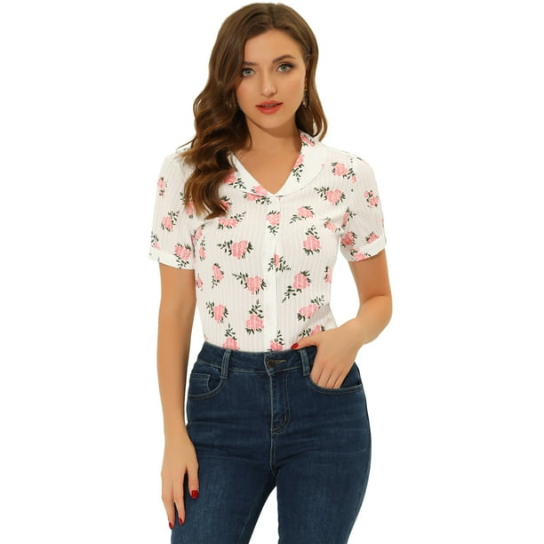 INSPIRE CHIC Camisa Floral Semitransparente Con Cuello Peter Pan Para Mujer Blanco-Rosa XL