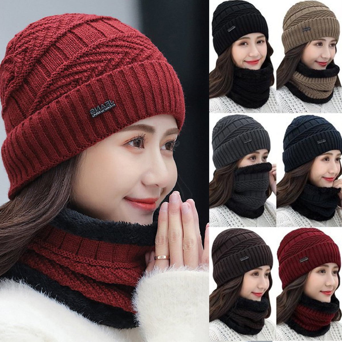 Winter Warm Knitted Beanie and Warm Scarf Set for Women, Soft Fleece