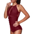 thumbnail image 3 of Women One Piece Swimsuit High Neck Plunge Mesh Ruched Monokini Swimwear, 3 of 11