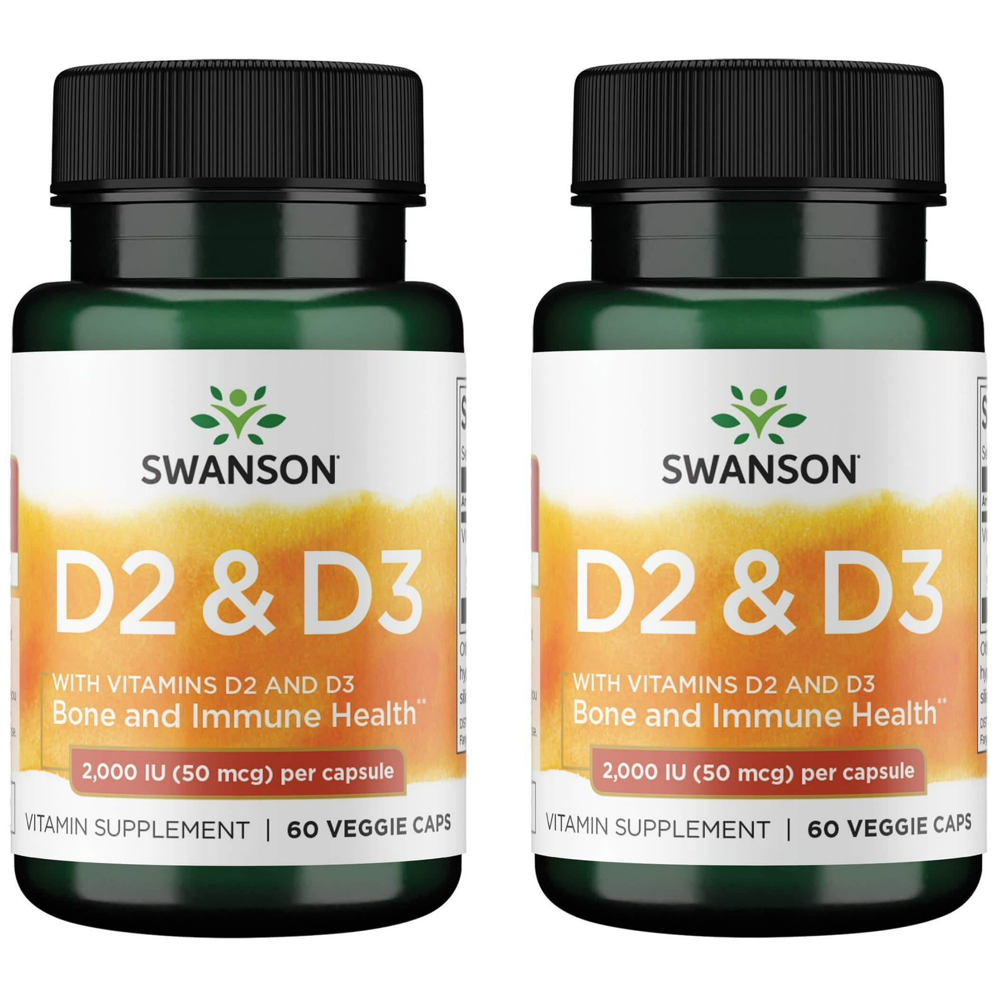 Swanson Vitamin D Complex with Vitamins D2 & D3 - Complete Sunshine Vitamin Complex For Bone, Dental & Immune Health - Vitamin Supplement ( 50 mcg, 60 Veggie Capsules ) (2 Pack)
