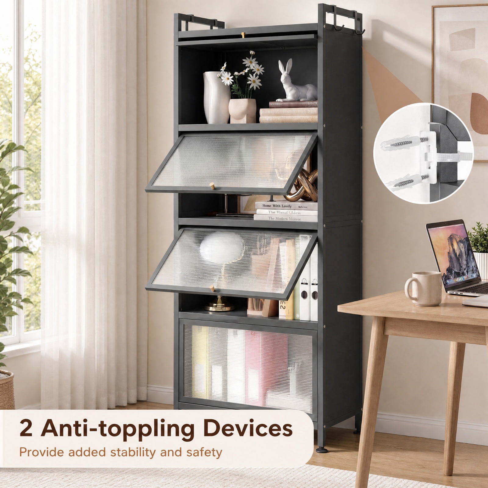 RUIE 5-Tier Rolling Kitchen Storage Cabinet with Flip-up PC Doors, Metal Baker's Rack Pantry Shelf with Universal Wheels, 165 lbs Capacity, Gray
