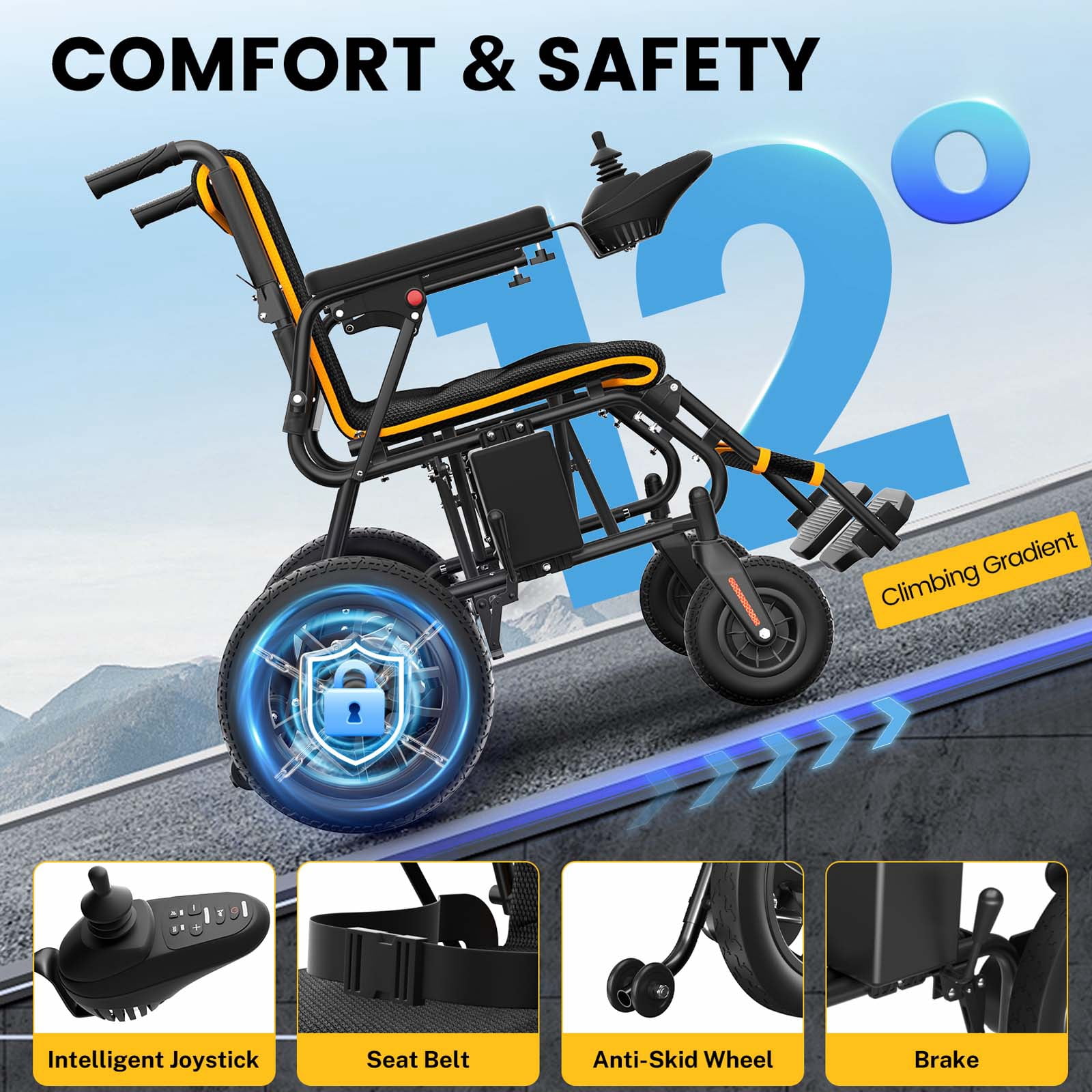 COOLHUT Foldable Electric Wheelchair, 20+ Miles Long Range Motorized Electric Wheelchair, Senior-Friendly Power Chair with 360° Joystick, All Terrain Smart Mobility Scooter, Orange